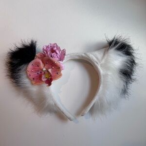 Fluffy Black and White Headband with Pink Floral Accents